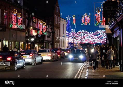 Christmas lights in Stratford upon Avon town centre. Warwickshire ...