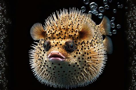 Swollen Puffer Fish with Spikes on Mottled Body Isolated Against Dark ...