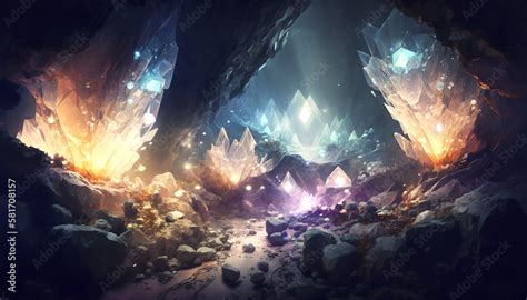 A dark and mysterious cave full of crystals and colorful gems, concept ...