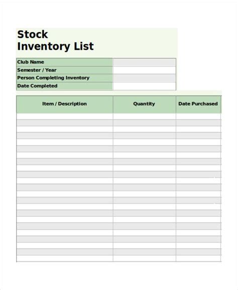 Stock List Template Collection