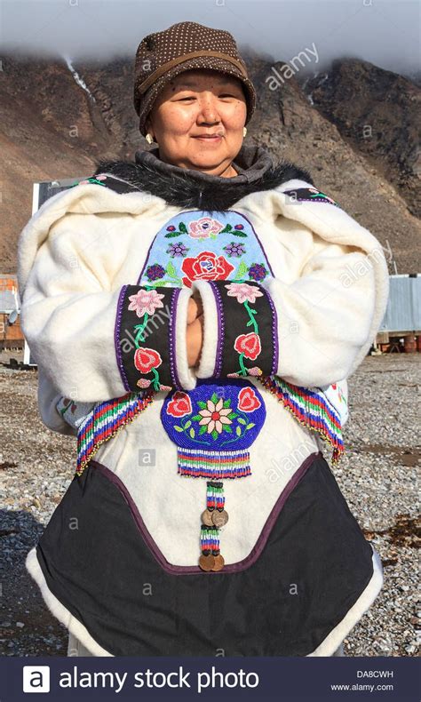 Inuit woman of Grise Fjord in traditional clothing. Ellsmere Island ...