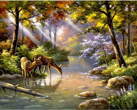 Beautiful Painting - Deer Drinking Water From Stream in the Forest ...