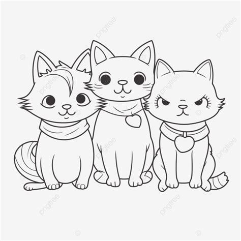 Three Cute Cat Coloring Pages Are Standing Together Outline Sketch ...