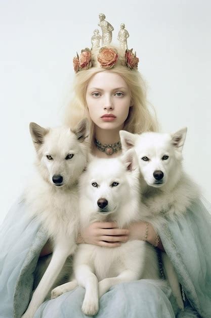 Premium AI Image | A woman with three white dogs and a crown on her ...