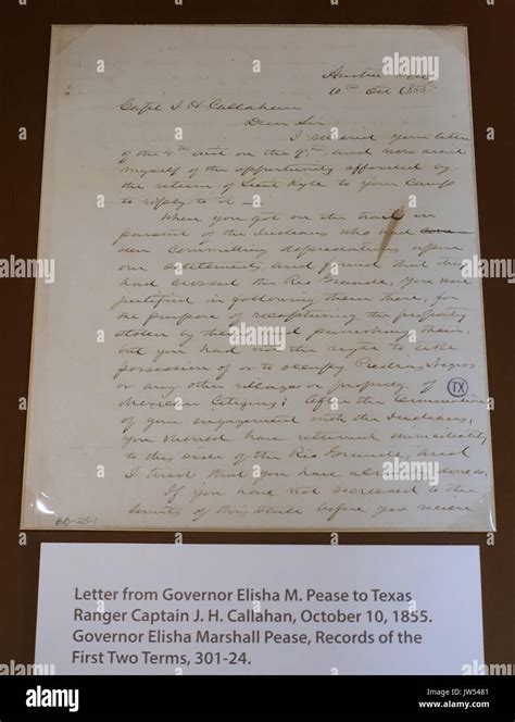 Letter from Gov Elisha M Pease to Ranger Captain J H Callahan, October ...