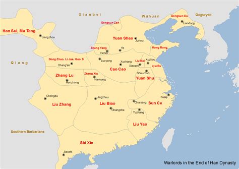 China: Map showing the major warlords of the Han dynasty in the 190s AD ...