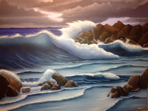 Waves crashing on the rocks psinting | Ocean painting, Beach painting ...