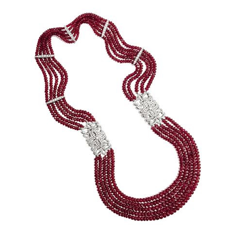 (#1387) Red Spinel Bead and Diamond Necklace