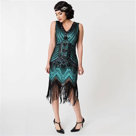 Roaring 20s Blue Green Fringe Flapper Dress | Deco Shop