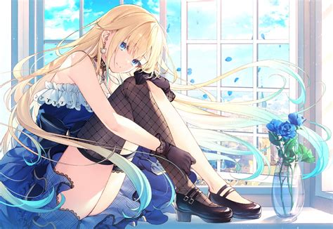 blonde, blue rose, blue dress, blue eyes, stockings, anime, holding ...