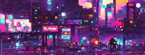 Cyberpunk neon city night. Futuristic city scene in a style of pixel ...