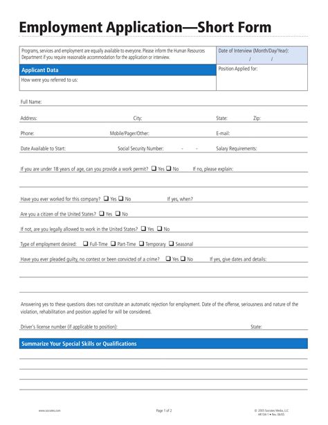 Printable Employment Application Form