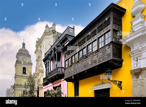 Balcony of the Goyeneche House and San Pedro Church, Lima, Peru, South ...