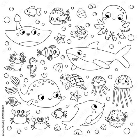 Coloring page with sea animals. Cute cartoon characters set. Ocean fish ...