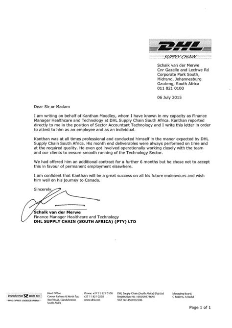 Letter of Recommendation - DHL Supply Chain South Africa