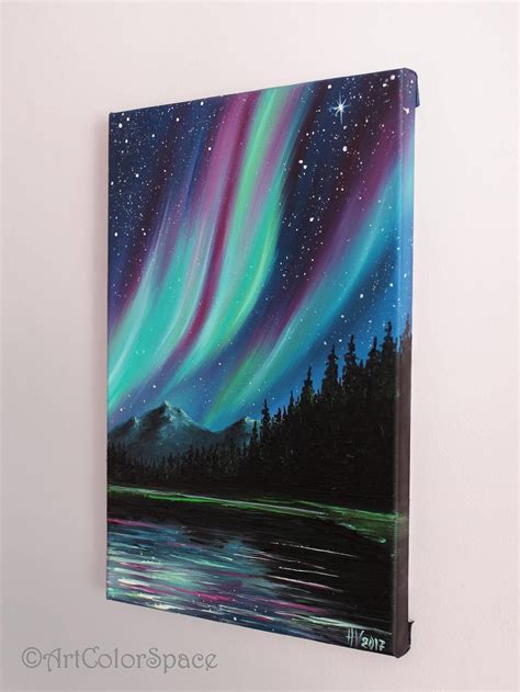 Canada Northern Lights Art Aurora Borealis Mountain Painting - Etsy ...