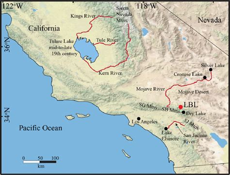 Regional map with relevant lake sites and their major rivers. Tulare ...