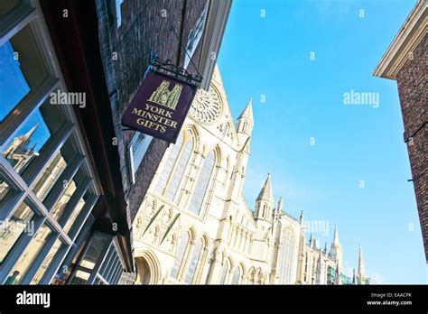 York Minster gift shop sign Cathedral facade exterior building ...