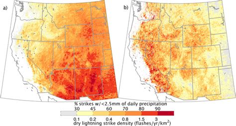 Density of dry lightning (a) and percent of total lightning strikes ...