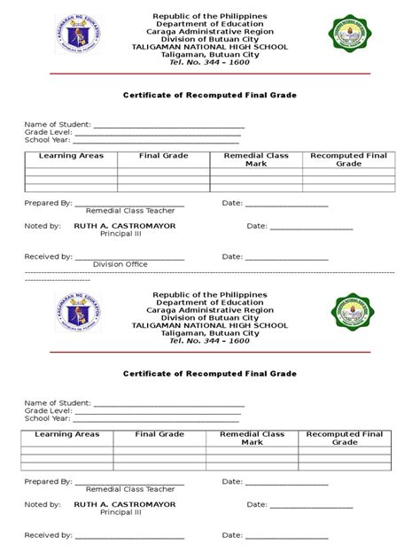 Certificate of Recomputed Grades | Secondary School | Educational ...