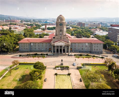 Aerial view of Tshwane city hall in the heart of Pretoria, capital city ...