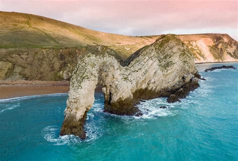 Aerial view of Durdle Door at sunset, West Lulworth, Dorset, UK stock photo