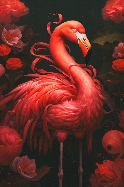 Premium AI Image | A painting of a flamingo with flowers in the background