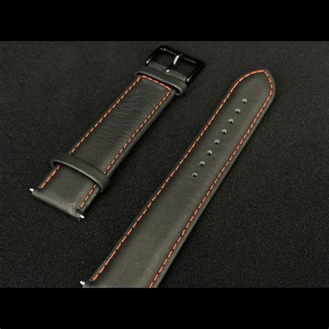 Watch Band Smooth Leather Black / Red Stitching - Black steel buckle