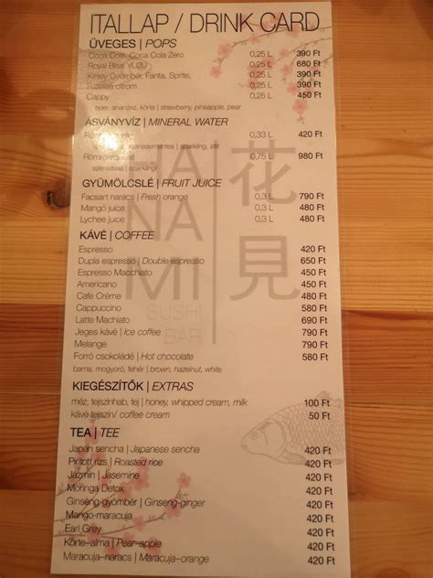 Menu at Hanami Sushi restaurant, Budapest