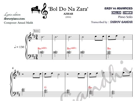 Bol Do Na Zara (Sheet Music + English Notes + MIDI) - Piano Tutorial