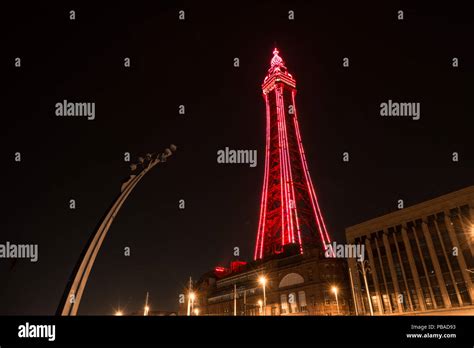 Blackpool Tower lights red at night, Blackpool, Lancashire, UK Stock ...