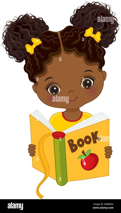 Cute African American Girl Reading Book. Vector Little Girl with Book ...