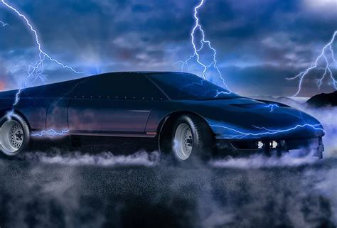 a car is driving through the clouds with lightning in the background