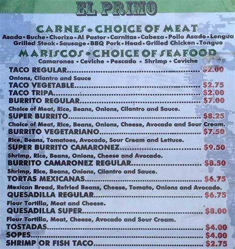 Tacos El Primo Menu, Menu for Tacos El Primo, Bayview, San Francisco ...