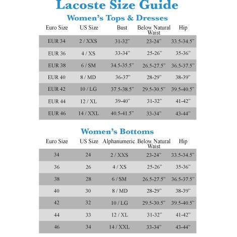 Lacoste Women Size Chart | amulette