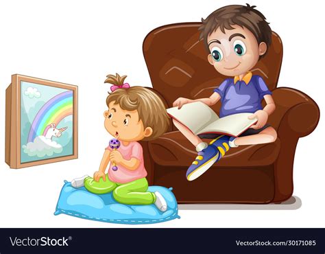 Scene with boy reading book and girl watching tv Vector Image