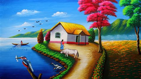 Simple village scenery drawing painting | easy paint with biswanath ...