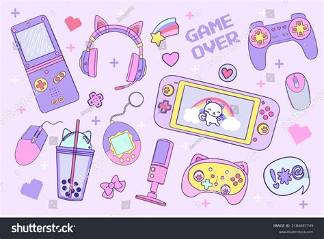 Elementos Kawaii para Gamer Girl. Ilustración: vector de stock (libre ...