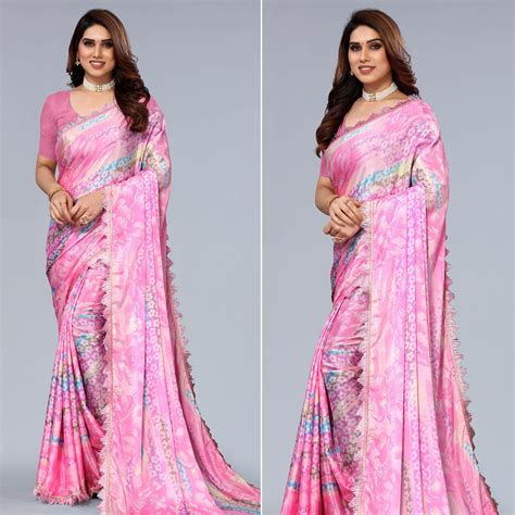 Pink Floral Printed Art Silk Saree With Crochet Border