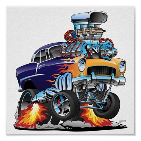 Classic Fifties Hot Rod Muscle Car Cartoon Poster | Zazzle | Car ...