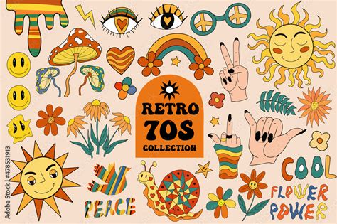 Retro 70s vibe, hippie stickers, psychedelic groovy elements. Cartoon ...