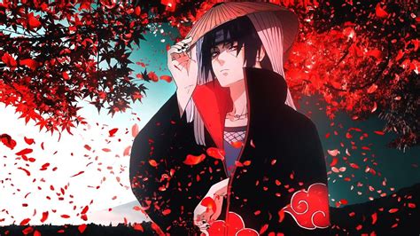 an anime character is standing in front of a tree with red leaves on it ...