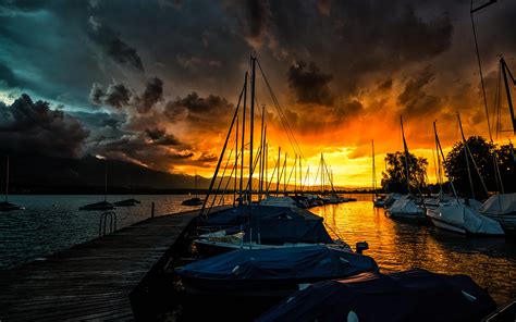 Download Sky Sunset Pier Lake Boat Marina Man Made Harbor HD Wallpaper