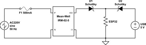 mains - ESP32 with two power supplies (AC/DC + USB) using Schottky ...