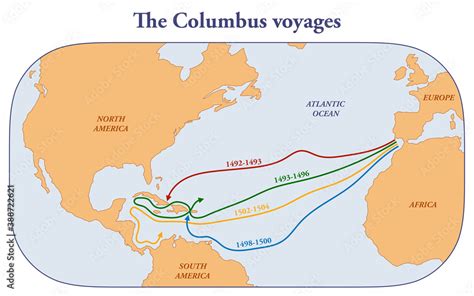 The routes of the Christopher Columbus voyages from Europe to America ...