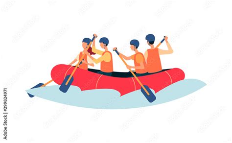 River rafting - cartoon people rowing in inflatable boat wearing safety ...