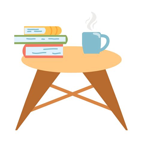 Small table with a stack of books and a cup of coffee or tea in cartoon ...