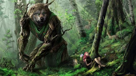 Mystic Forest: Giant Wolf & Deer Fantasy HD Wallpaper by Viant-T