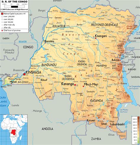 Large physical map of Congo Democratic Republic with roads, cities and ...