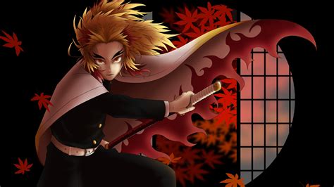 Demon Slayer Kyojuro Rengoku With Sword With Background Of Window Red ...